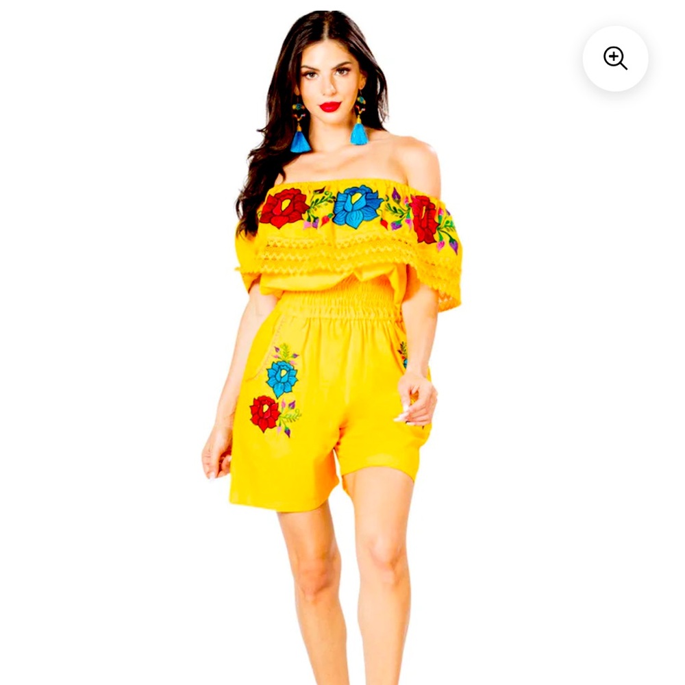 Vibrant Yellow Off-Shoulder Romper with Floral Embroidery